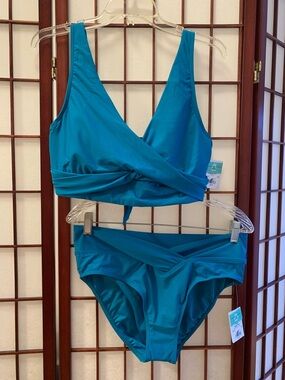 NWT SUNSETS DARK TEAL V-FRONT CRISS-CROSS BACK BIKINI SET SIZE L/TOP SIZE 36DD